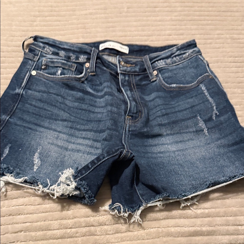 KanCan Dark Blue Distressed Frayed Hem Jean Shorts